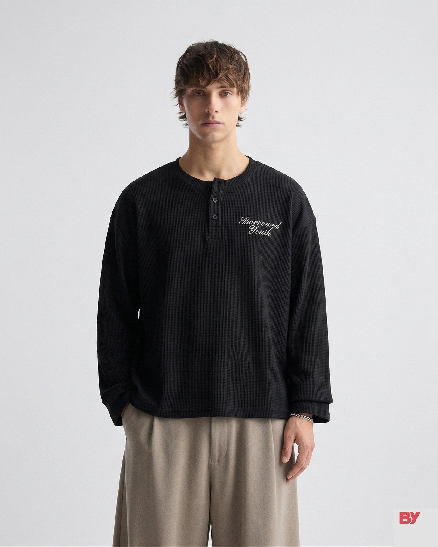 Henley Waffle Knit Shirt (Black)