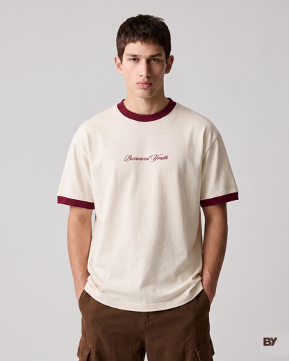 Borrowed Youth Off White & Maroon Ringer T-Shirt