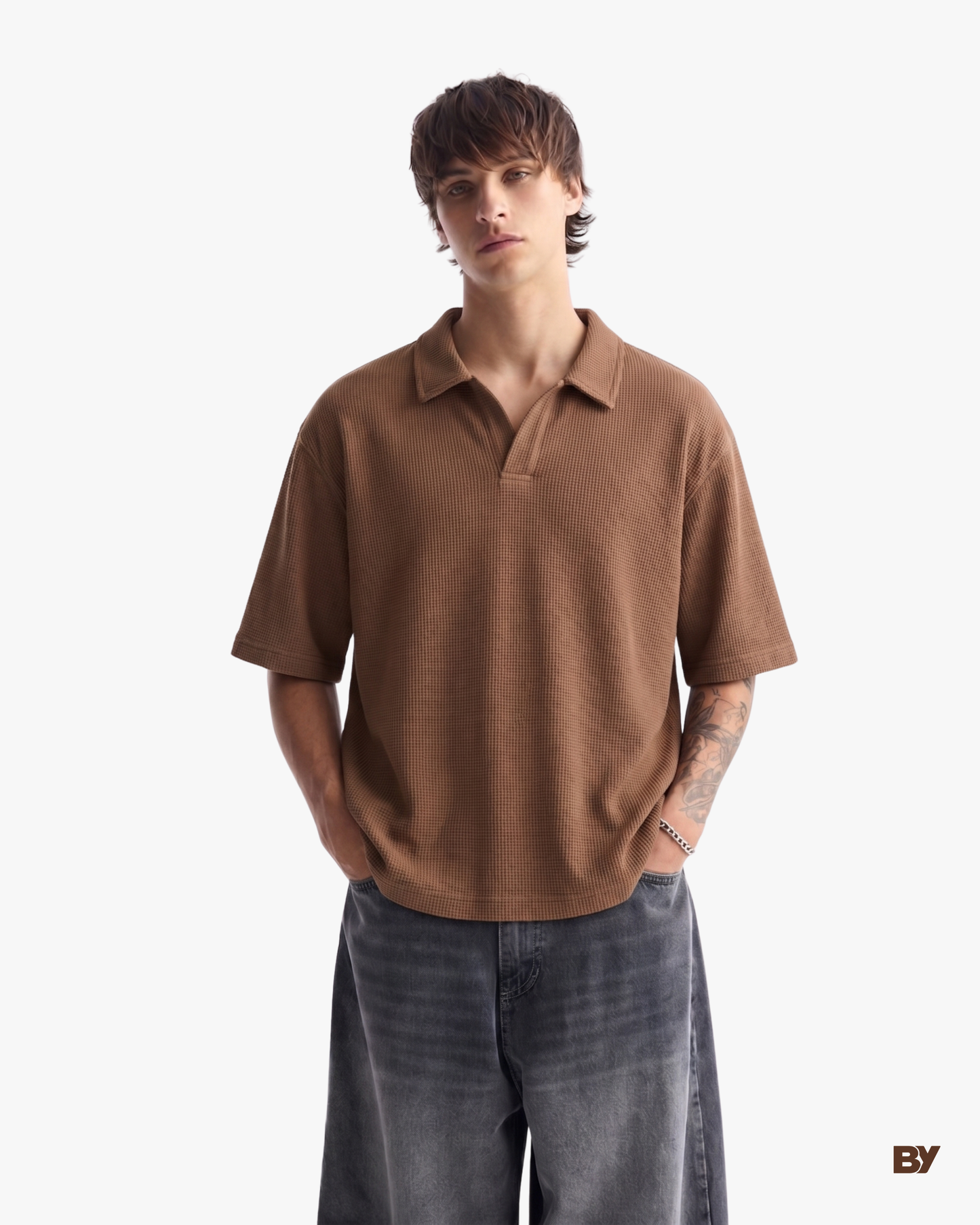 Waffle Knit Polo T-Shirt (Brown)