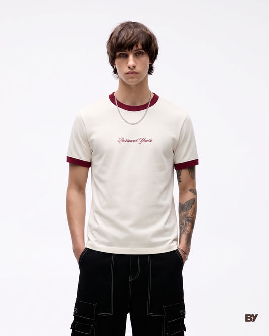 Borrowed Youth Off White & Maroon Ringer T-Shirt