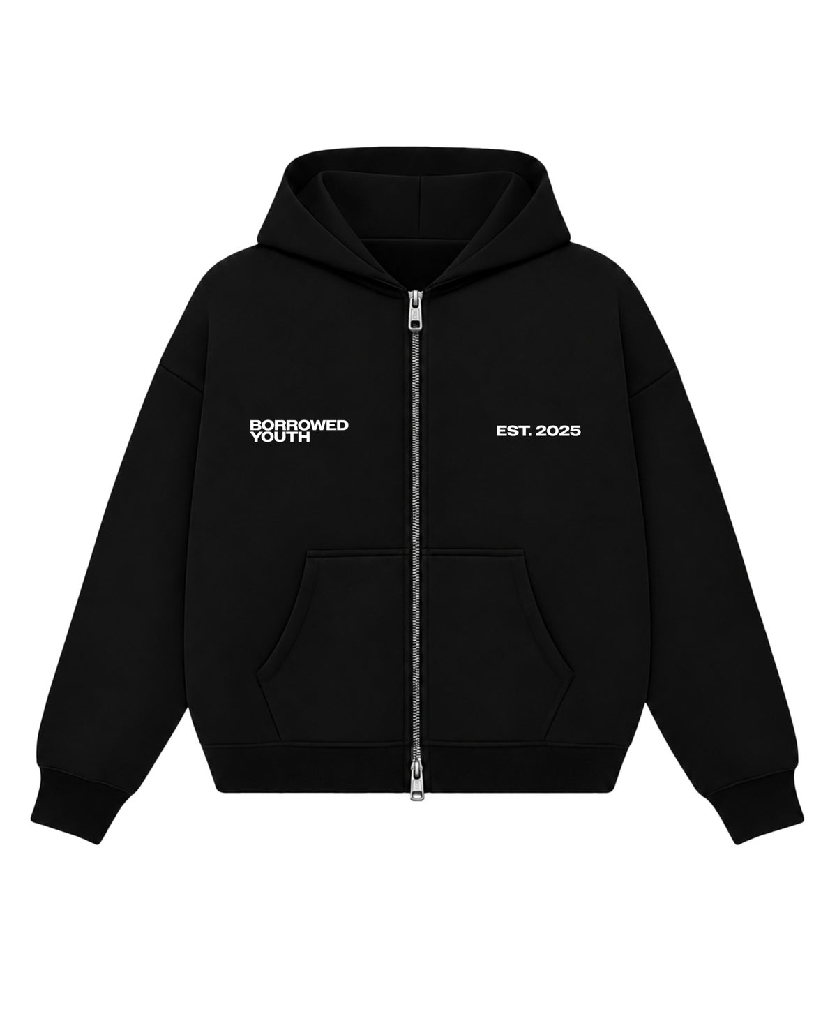 Black Boxy Dual Zipper Hoodie Front Design