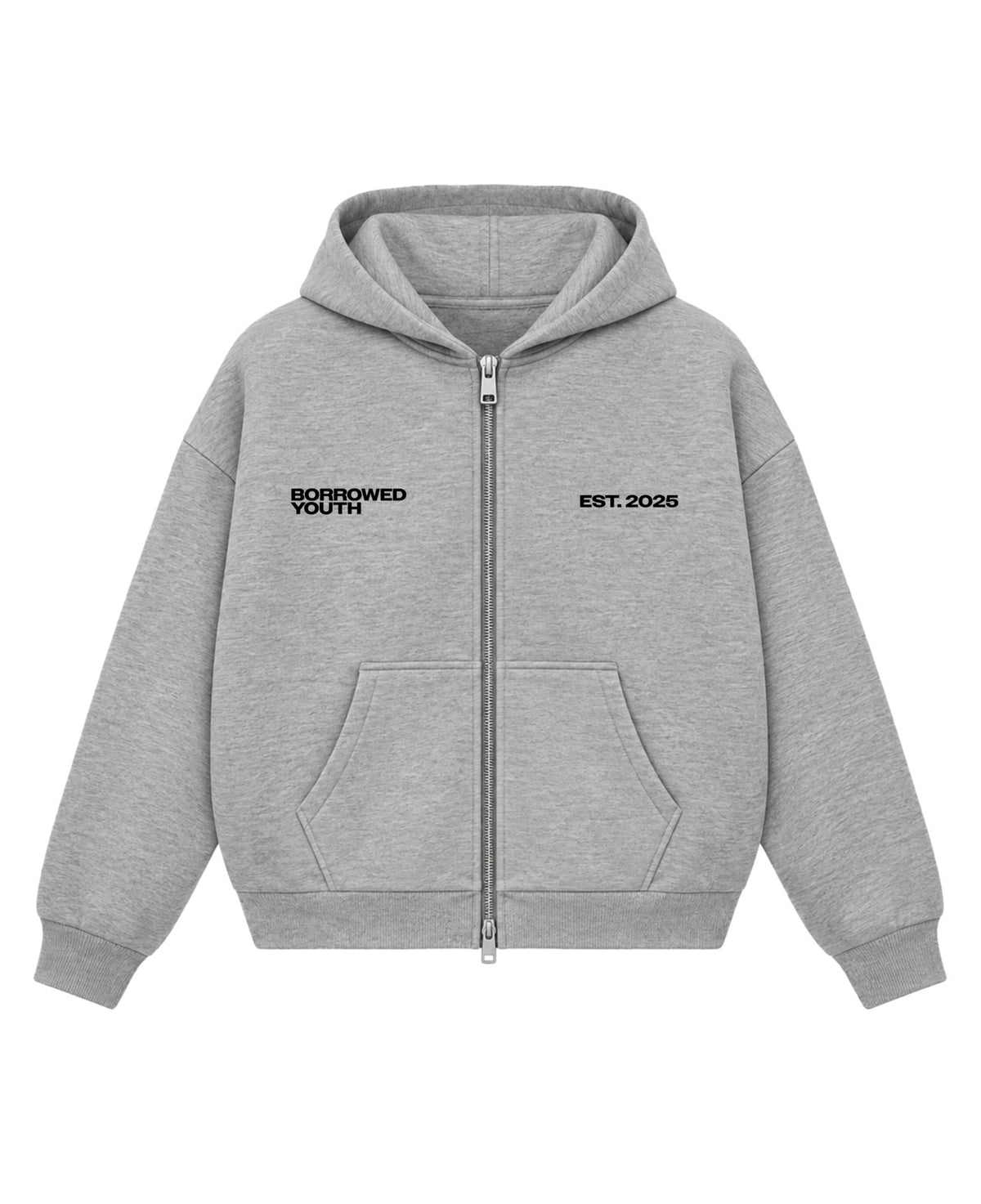 Grey Boxy Dual Zipper Hoodie Front Design