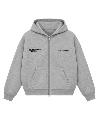 Grey Boxy Dual Zipper Hoodie Front Design